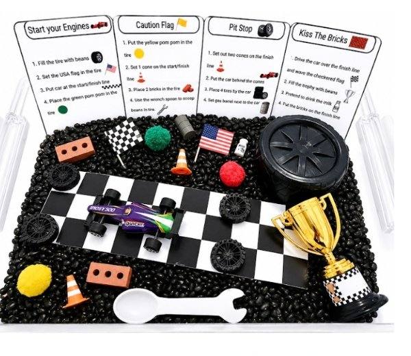 Indy 500 sensory kit with race car, checkered flag, and trophy