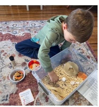 Child sorting and problem-solving with a sensory bin and direction cards